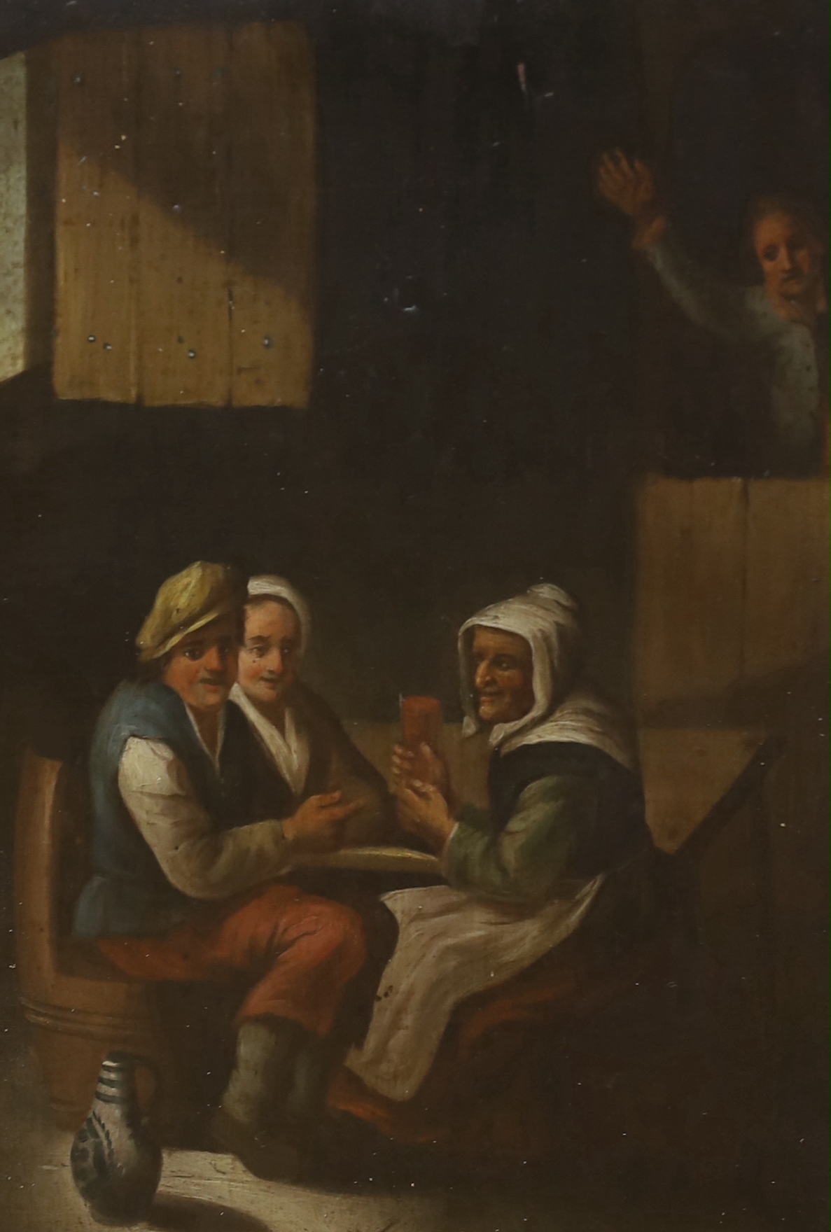 Pair of 17th century style German school, oils on board, Tavern scene and Family seated in an interior, Frankfurt labels verso, 30cm x 21cm